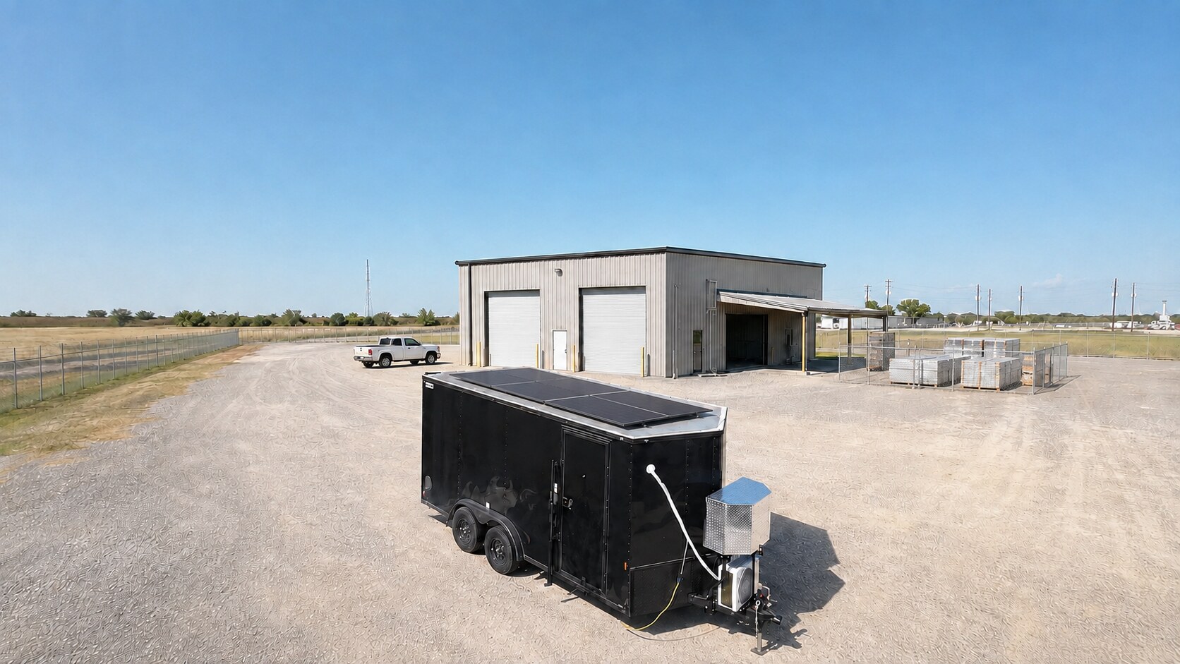 Black Trailer Solar & Off-Grid Conversion Black cargo trailer with four solar panels installed on the roof