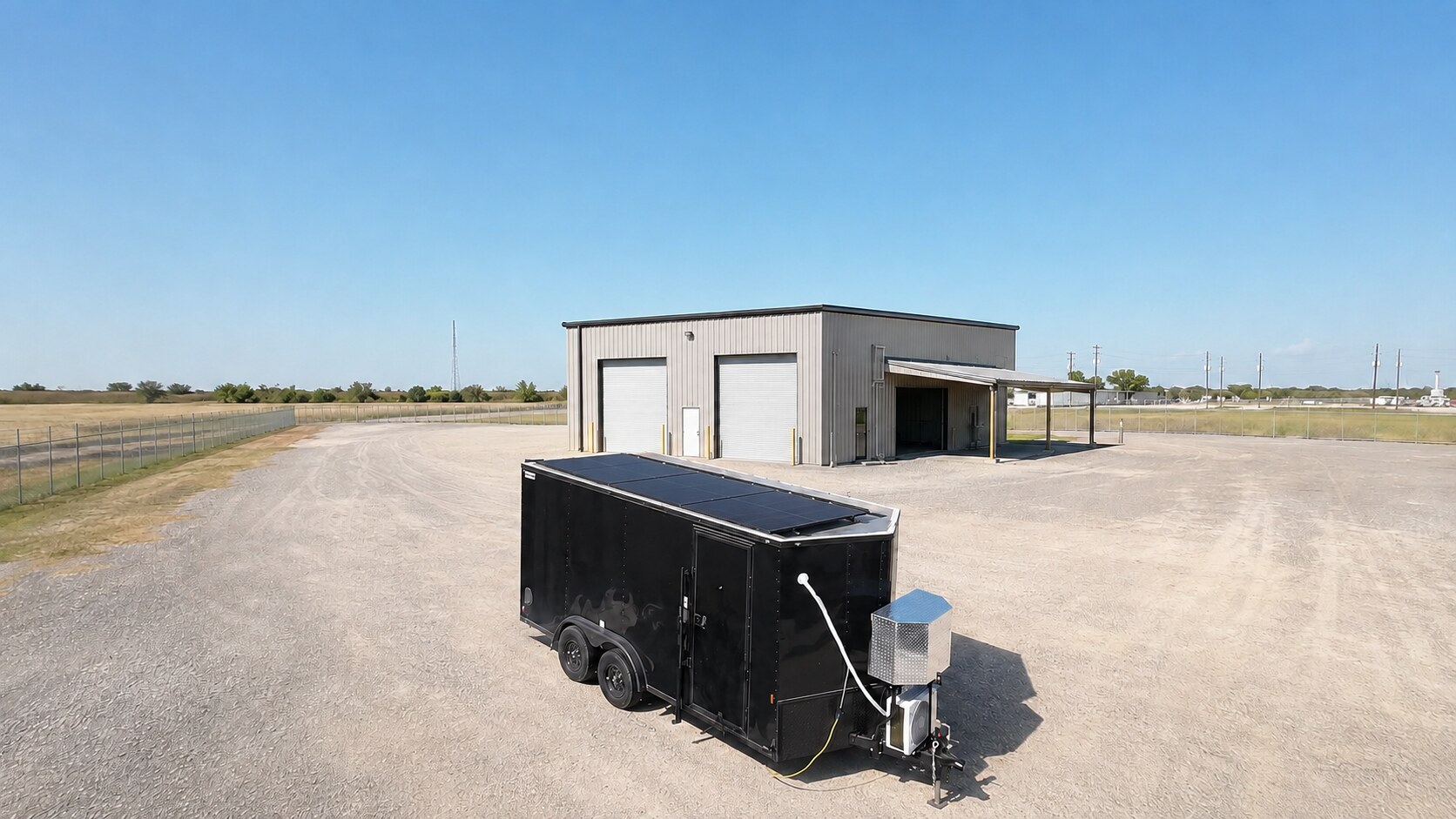 Black Trailer Solar & Off-Grid Conversion Black enclosed cargo trailer after installation of a four-panel rooftop solar array